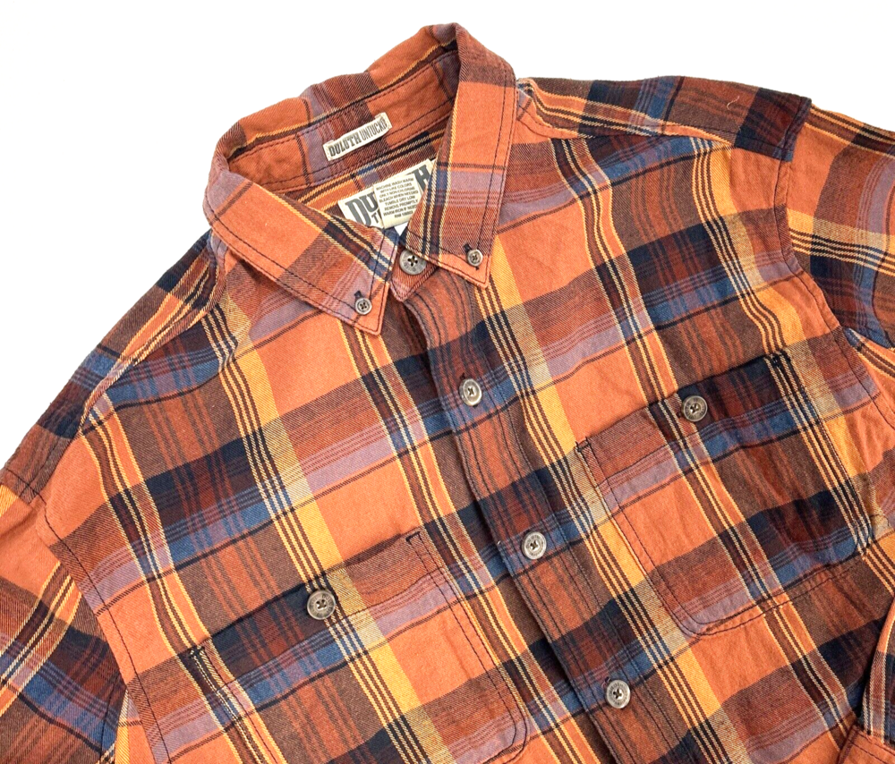 Duluth Untucked Button Long Sleeve Chest Pockets Cotton Shirt Men M Orange Plaid
